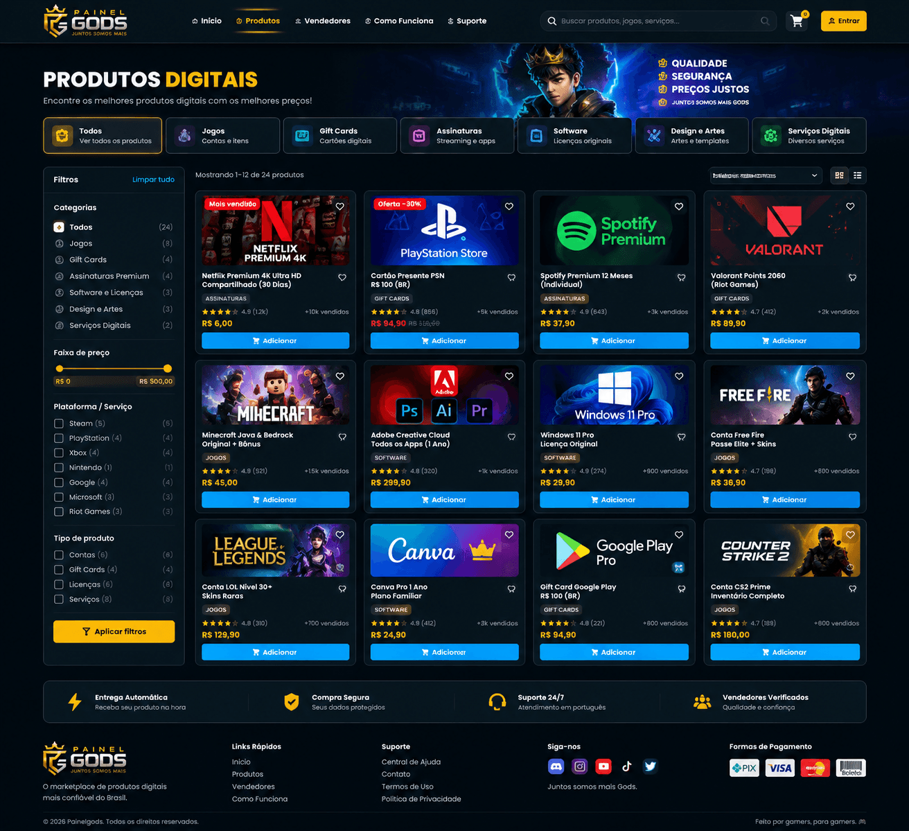 Painel Gods shop/catalog experience